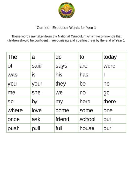 Common Exception Words Word Lists for Year 1 St John s Watford